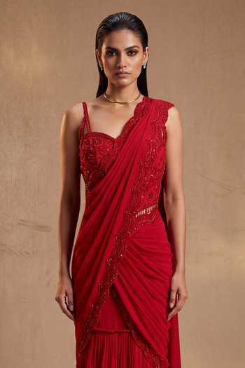 Two Sisters By Gyans_Red Georgette Sweetheart Neck Tonal Embroidered Gharara Saree With Blouse _Online_at_Aza_Fashions