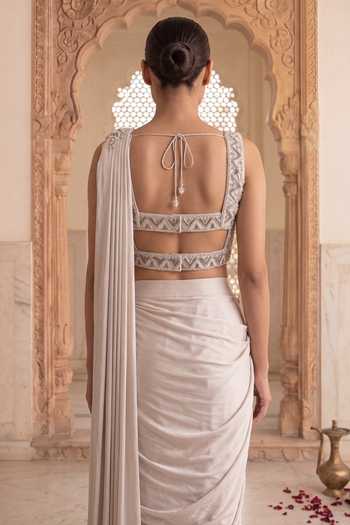 Two Sisters By Gyans_Grey Satin V-neck Hand Embroidered Sequin Saree Set _Online_at_Aza_Fashions