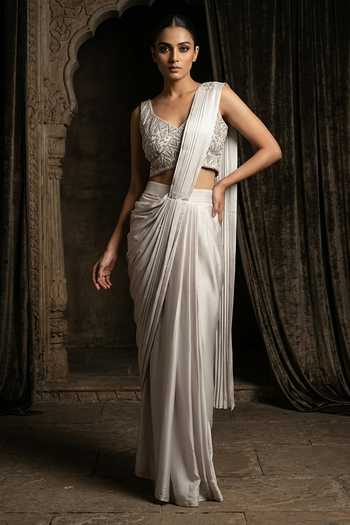 Buy_Two Sisters By Gyans_Grey Satin V-neck Hand Embroidered Sequin Saree Set _Online_at_Aza_Fashions
