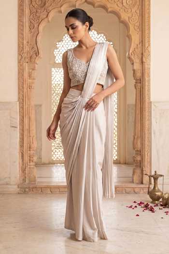 Buy_Two Sisters By Gyans_Grey Satin V-neck Hand Embroidered Sequin Saree Set _at_Aza_Fashions
