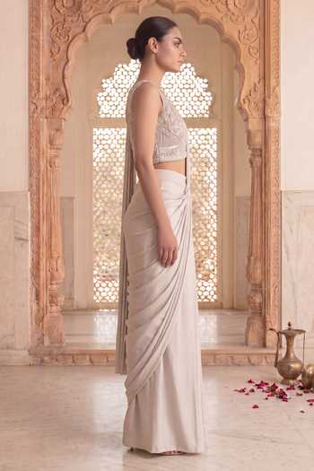 Shop_Two Sisters By Gyans_Grey Satin V-neck Hand Embroidered Sequin Saree Set _Online_at_Aza_Fashions