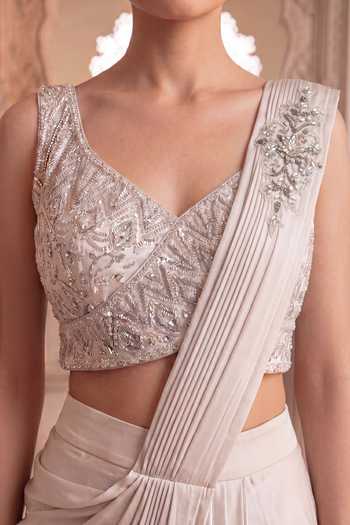 Two Sisters By Gyans_Grey Satin V-neck Hand Embroidered Sequin Saree Set _at_Aza_Fashions