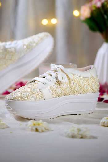 House of Vian_White Elysian Pearl Embroidered Sneakers _Online_at_Aza_Fashions