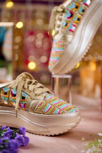 House of Vian_Gold Empress Mirror Work Sneakers _Online_at_Aza_Fashions