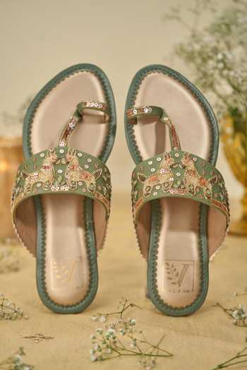 Shop_House Of Vian_Green Asva Embroidered Kolhapuris _at_Aza_Fashions