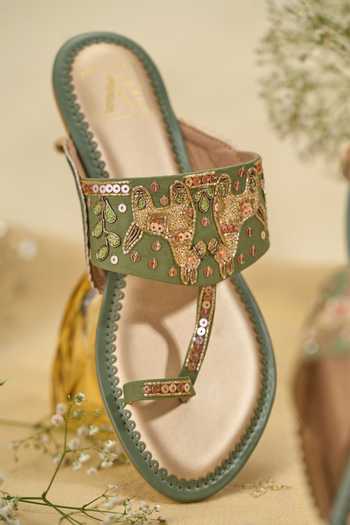 House Of Vian_Green Asva Embroidered Kolhapuris _Online_at_Aza_Fashions