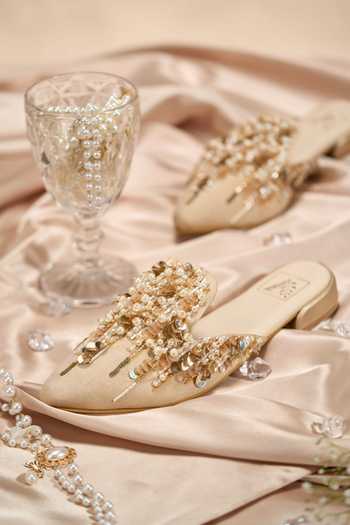House of Vian_Beige Athena Pearl Embellished Mules _Online_at_Aza_Fashions