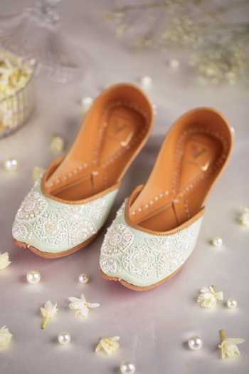Shop_House of Vian_Green Mehrunisa Bead Embroidered Juttis _at_Aza_Fashions