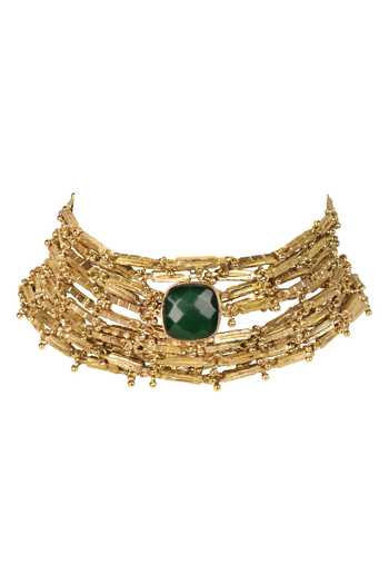 House Of Tuhina_Green Gaya Embellished Centre Choker Necklace _Online_at_Aza_Fashions