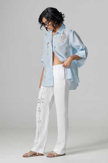 Buy_Dilnaz_White Linen Summer Embellished Trouser _at_Aza_Fashions