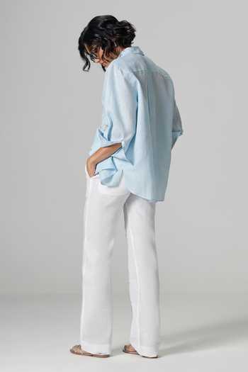 Dilnaz_White Linen Summer Embellished Trouser _Online_at_Aza_Fashions