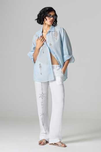 Dilnaz_White Linen Summer Embellished Trouser _at_Aza_Fashions