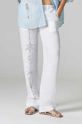 Buy_Dilnaz_White Linen Summer Embellished Trouser 