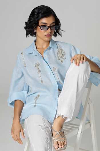 Buy_Dilnaz_Blue Linen Collared Neck Vegas Embellished Shirt _at_Aza_Fashions