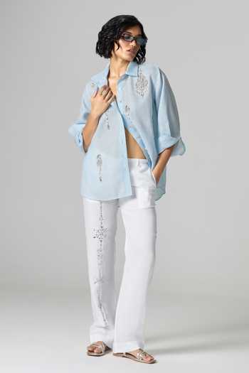 Dilnaz_Blue Linen Collared Neck Vegas Embellished Shirt _at_Aza_Fashions