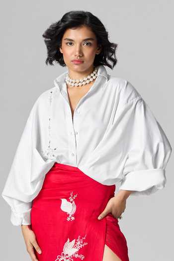 Buy_Dilnaz_Ivory Cotton Open Neck Bombay Embellished Shirt _at_Aza_Fashions