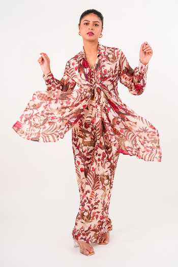 Buy_9899_Multi Color Crepe Collared Neck Aranya Printed Wrap Top And Pant Co-ord Set _at_Aza_Fashions