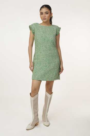 Buy_9899_Green Tweed Round Neck Backless Mini Dress _at_Aza_Fashions