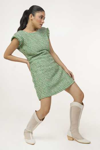 9899_Green Tweed Round Neck Backless Mini Dress _Online_at_Aza_Fashions