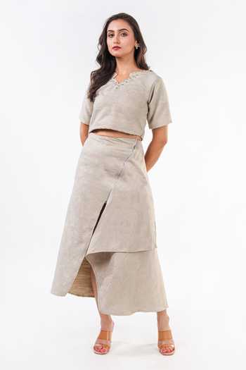 Buy_9899_Beige Jacquard Beaded Top Wrap Skirt Set _at_Aza_Fashions