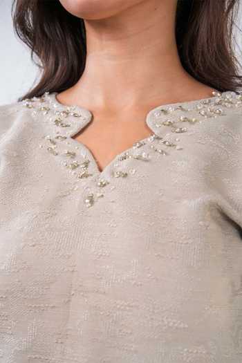 9899_Beige Jacquard Beaded Top Wrap Skirt Set _Online_at_Aza_Fashions