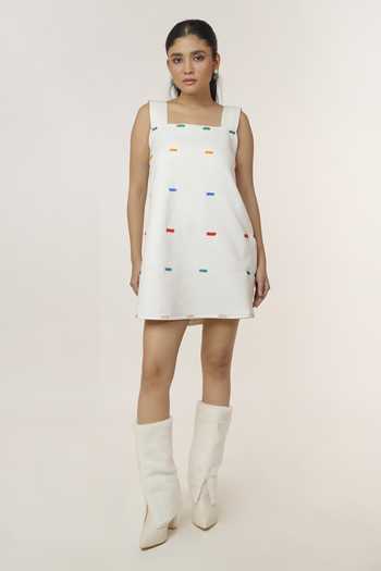 9899_White Suede Square Neck Beaded Dress _Online_at_Aza_Fashions