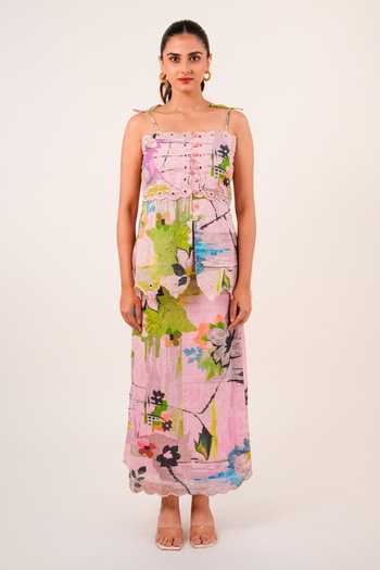 Buy_9899_Multi Color Cotton Square Neck Bloom Canvas Print Top And Skirt Co-ord Set _at_Aza_Fashions