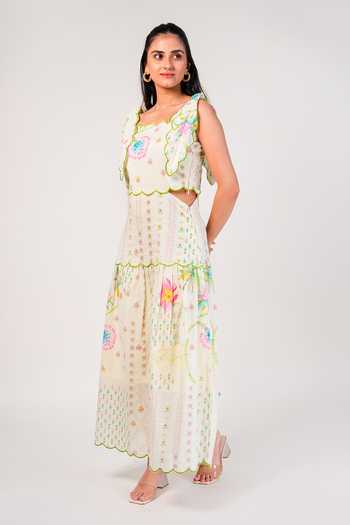 Buy_9899_Green Cotton Sweetheart Neck Bloom Hakoba Sun Dress _at_Aza_Fashions