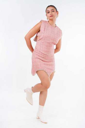 Buy_9899_Pink Tweed Round Neck Blush Top And Skirt Co-ord Set _at_Aza_Fashions