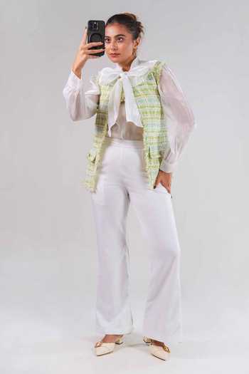 Buy_9899_White Organza, Tweed, Suiting High , Open Jacket And Pant Co-ord Set _at_Aza_Fashions