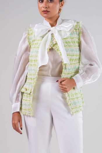 Shop_9899_White Organza, Tweed High , Open Bow Tie Shirt And Mint Jacket Set _at_Aza_Fashions