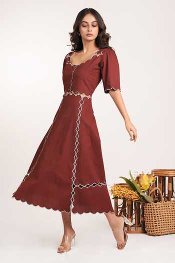 9899_Brown Cotton Scoop Neck Scallop Midi Dress _Online_at_Aza_Fashions