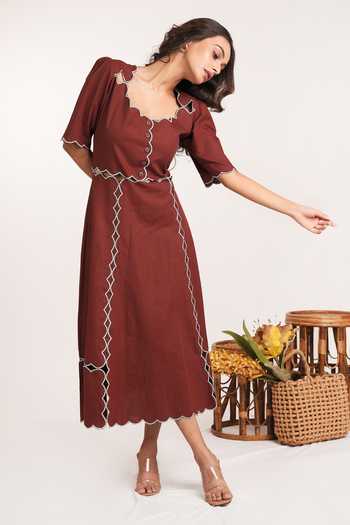 Buy_9899_Brown Cotton Scoop Neck Scallop Midi Dress _at_Aza_Fashions