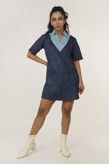 Buy_9899_Blue Suede Collared Neck Shift Dress _at_Aza_Fashions
