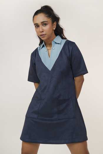 9899_Blue Suede Collared Neck Shift Dress _Online_at_Aza_Fashions