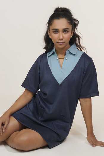 Buy_9899_Blue Suede Collared Neck Shift Dress _Online_at_Aza_Fashions