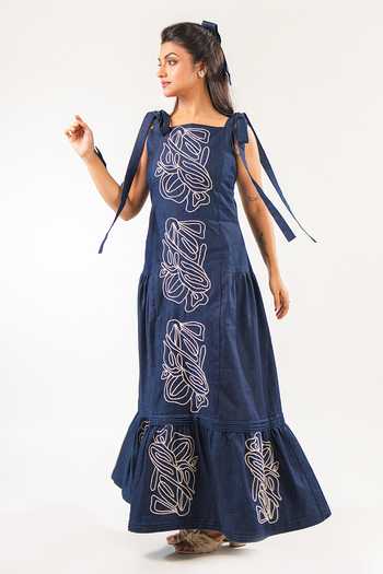 9899_Blue Denim Square Neck Cord Embroidered Maxi Dress _Online_at_Aza_Fashions