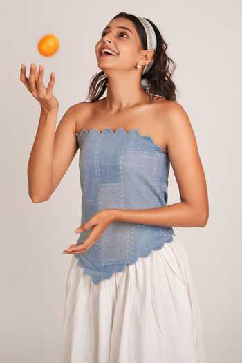 9899_Blue Cotton, Denim Square Neck Scallop Midi Dress _Online_at_Aza_Fashions