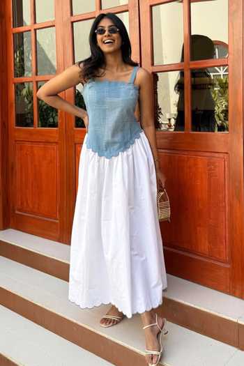 Buy_9899_Blue Cotton, Denim Square Neck Scallop Midi Dress _at_Aza_Fashions