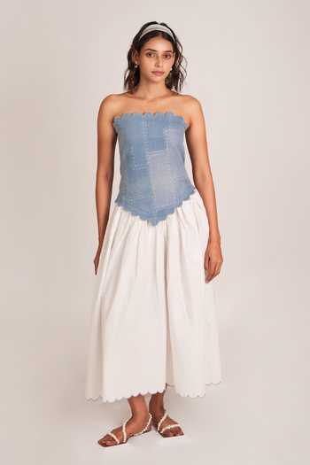 Buy_9899_Blue Cotton, Denim Square Neck Scallop Midi Dress _Online_at_Aza_Fashions