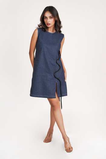 Shop_9899_Blue Denim Round Neck String Dress _at_Aza_Fashions