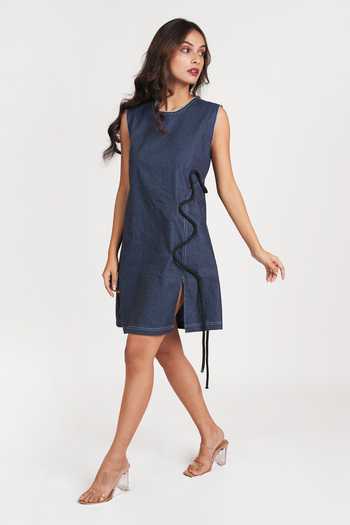 9899_Blue Denim Round Neck String Dress _Online_at_Aza_Fashions
