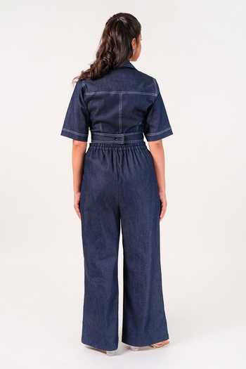 Shop_9899_Blue Denim Collared Neck Indigo Crop Top And Pant Co-ord Set _at_Aza_Fashions