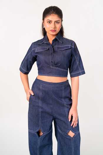 9899_Blue Denim Collared Neck Indigo Crop Top And Pant Co-ord Set _Online_at_Aza_Fashions