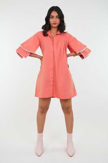 Buy_9899_Coral Cotton Collared Neck Double Sleeve Dress _at_Aza_Fashions