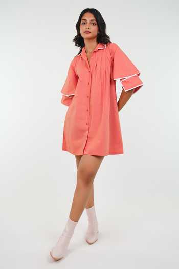 9899_Coral Cotton Collared Neck Double Sleeve Dress _Online_at_Aza_Fashions