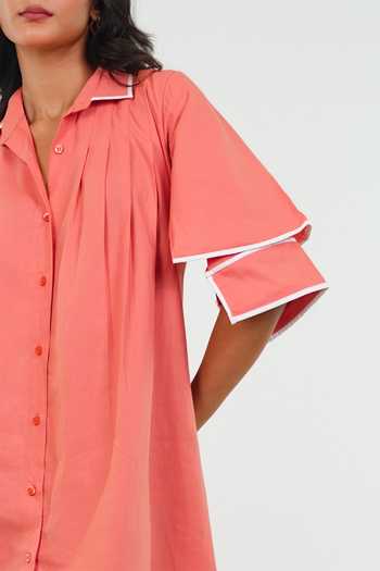Buy_9899_Coral Cotton Collared Neck Double Sleeve Dress _Online_at_Aza_Fashions