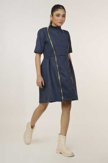 9899_Blue Suede High Neck Double Zip Dress _Online_at_Aza_Fashions