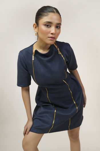 Buy_9899_Blue Suede High Neck Double Zip Dress _Online_at_Aza_Fashions