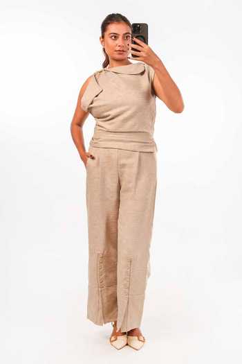 Buy_9899_Beige Jacquard Asymmetric Neck, One Shoulder Draped Sand Top And Pant Co-ord Set _at_Aza_Fashions